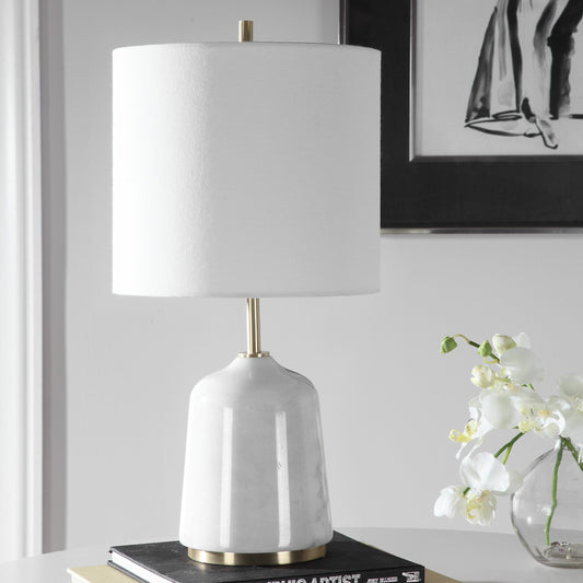 Eloise Table Lamp by Uttermost in white. Made from marble, steel, fabric in a modern style.
