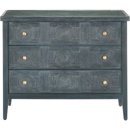 Santos 3-Drawer Chest by Currey and Company. Made from rattan, mahogany, glass, brass in a modern style.