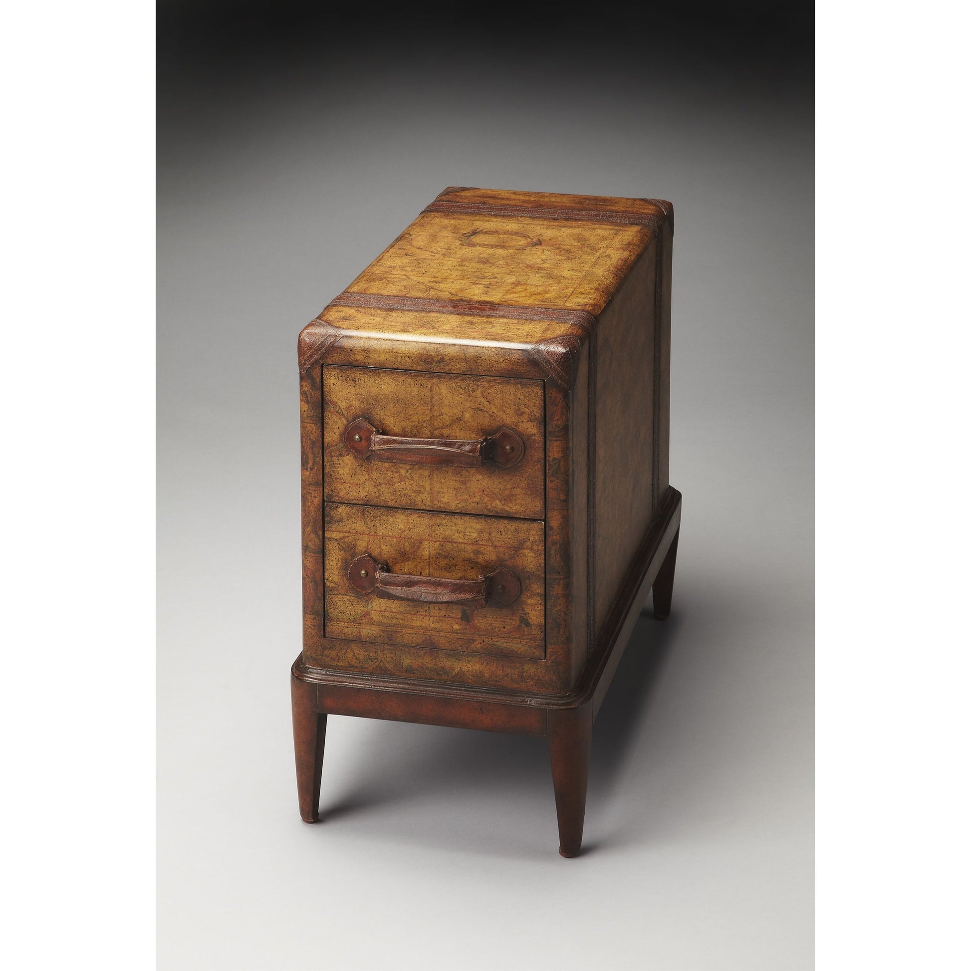 Vasco Side Table by Butler Specialty Company in light brown and heritage. Made from plywood, map inlay, young buffalo leather in a eclectic & global style.