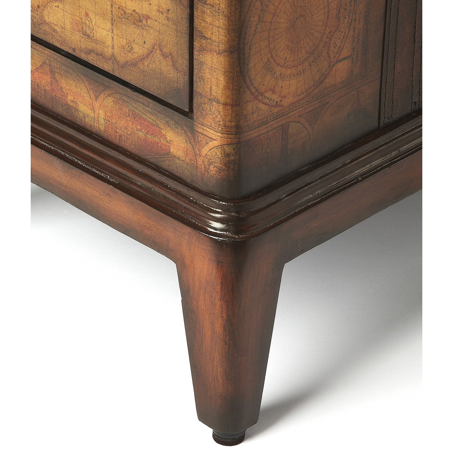 004 O-BUTLER-2834070 | Closeup | Vasco Side Table by Butler Specialty Company in light brown and heritage. Made from plywood, map inlay, young buffalo leather in a eclectic & global style.