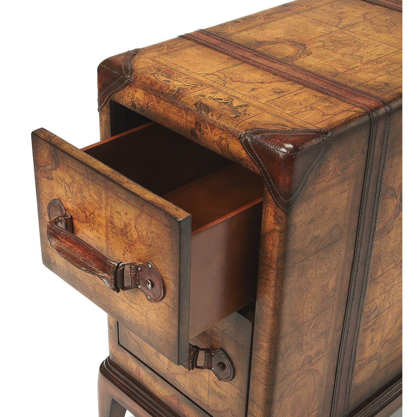 005 O-BUTLER-2834070 | Closeup | Vasco Side Table by Butler Specialty Company in light brown and heritage. Made from plywood, map inlay, young buffalo leather in a eclectic & global style.