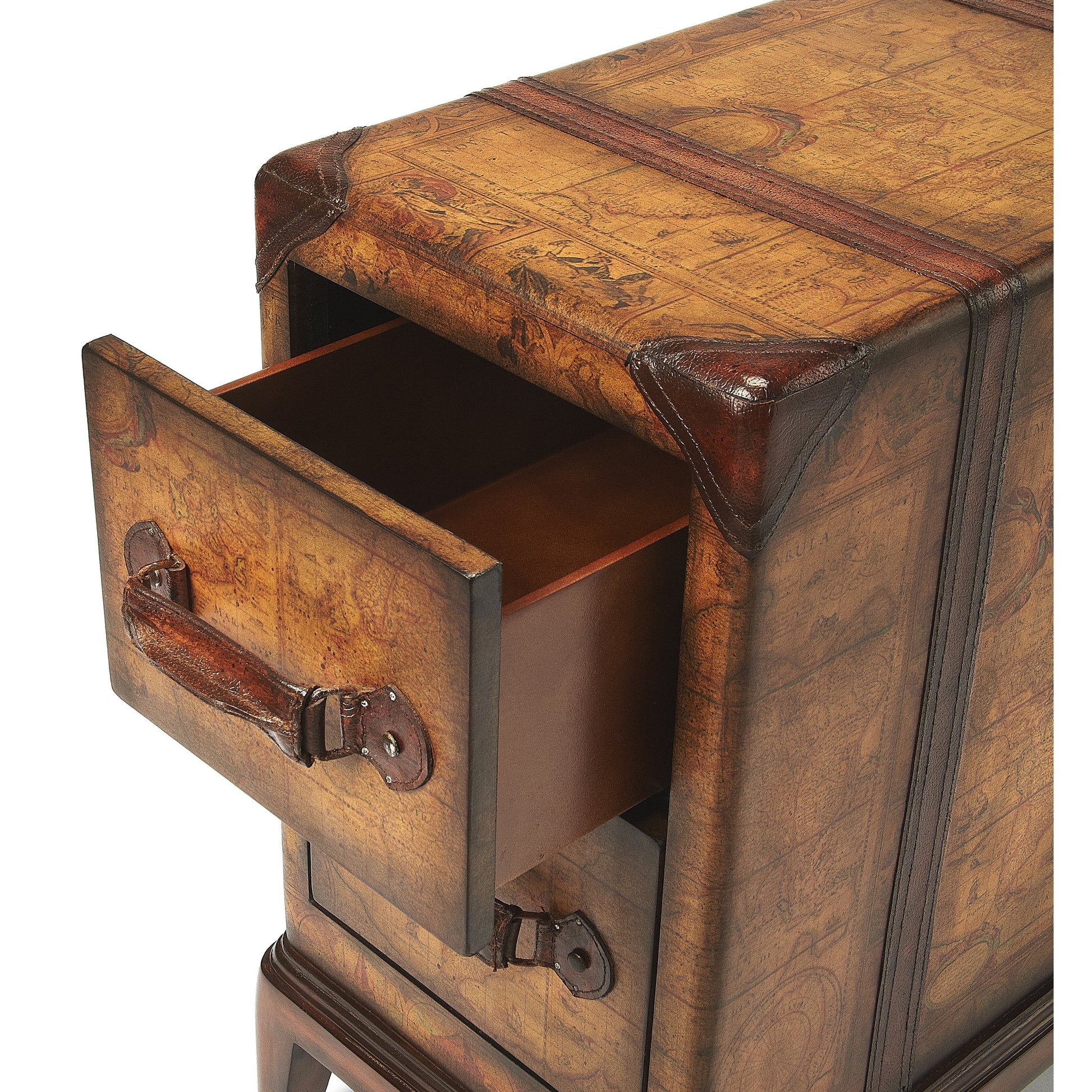 Vasco Side Table by Butler Specialty Company in light brown and heritage. Made from plywood, map inlay, young buffalo leather in a eclectic & global style.
