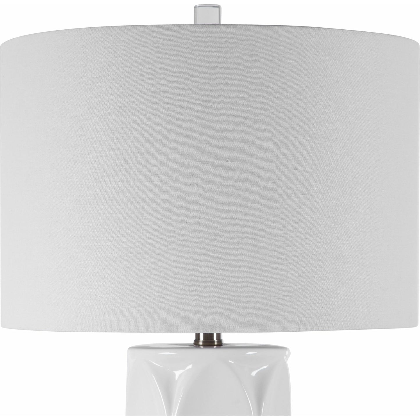 002 SR-766805 | Closeup | Sinclair Table Lamp by Uttermost in white. Made from ceramic, metal, fabric in a modern style.