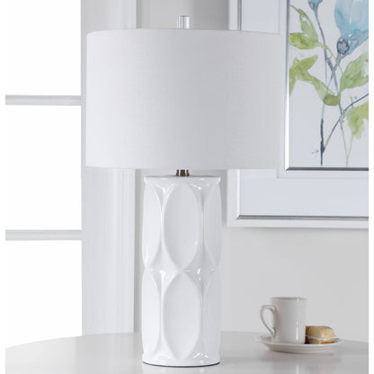 Sinclair Table Lamp by Uttermost in white. Made from ceramic, metal, fabric in a modern style.