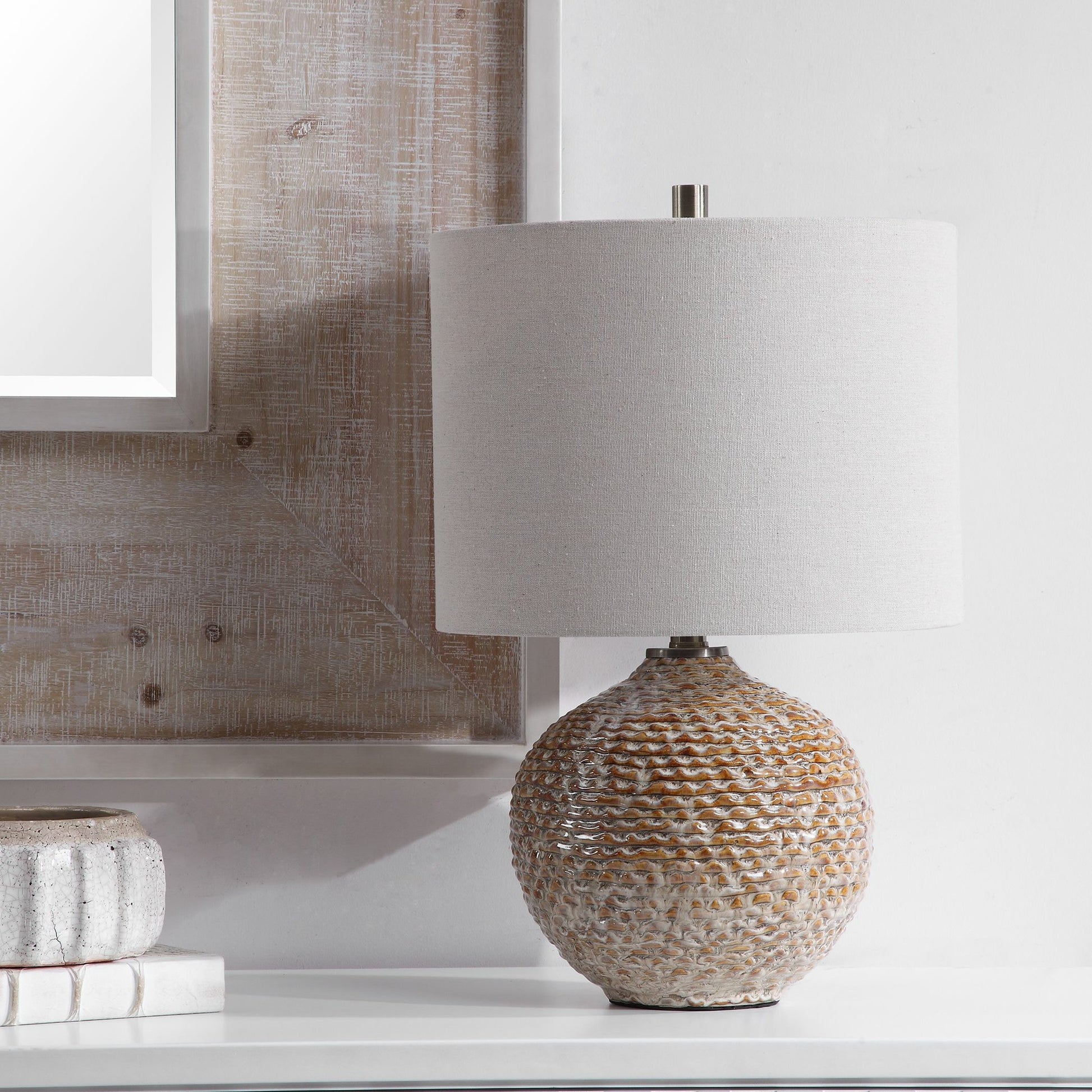 Lagos Rustic Table Lamp by Uttermost. Made from ceramic, metal, fabric in a coastal style.