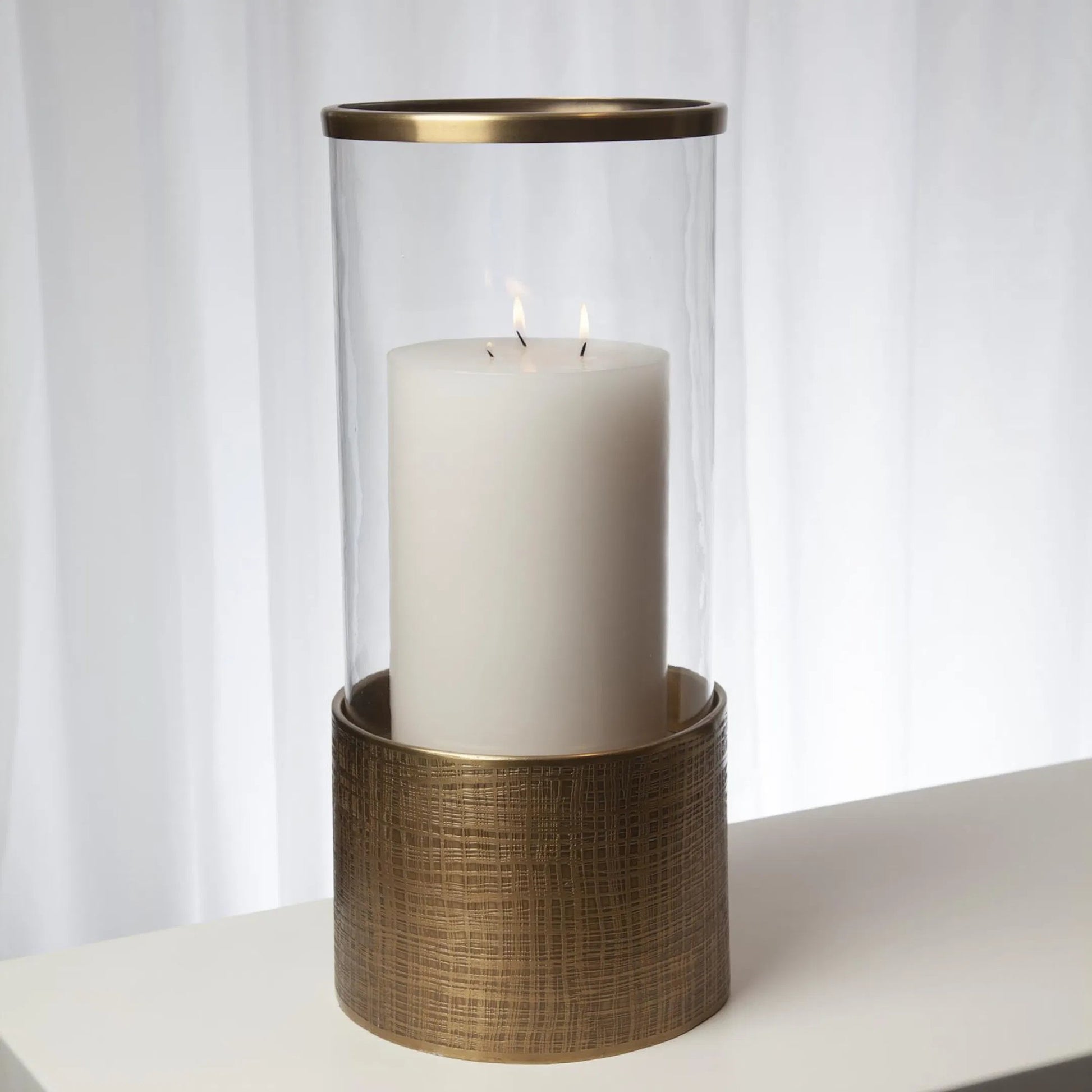 Plaid Etched Glass Hurricane by Global Views in antique brass. Made from brass, glass in a transitional style.