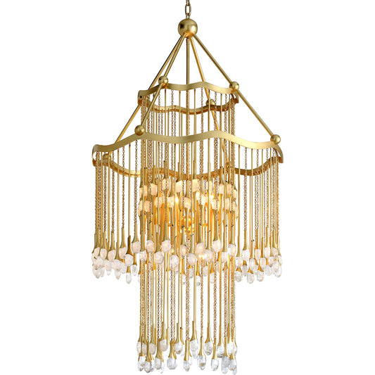 Kiara Chandelier by Corbett in gold leaf. Made from hand crafted iron in a unique style.