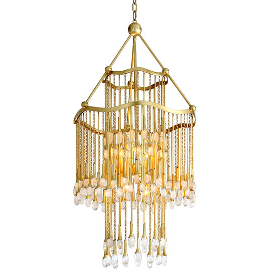 Kiara Chandelier by Corbett in gold leaf. Made from hand crafted iron in a unique style.