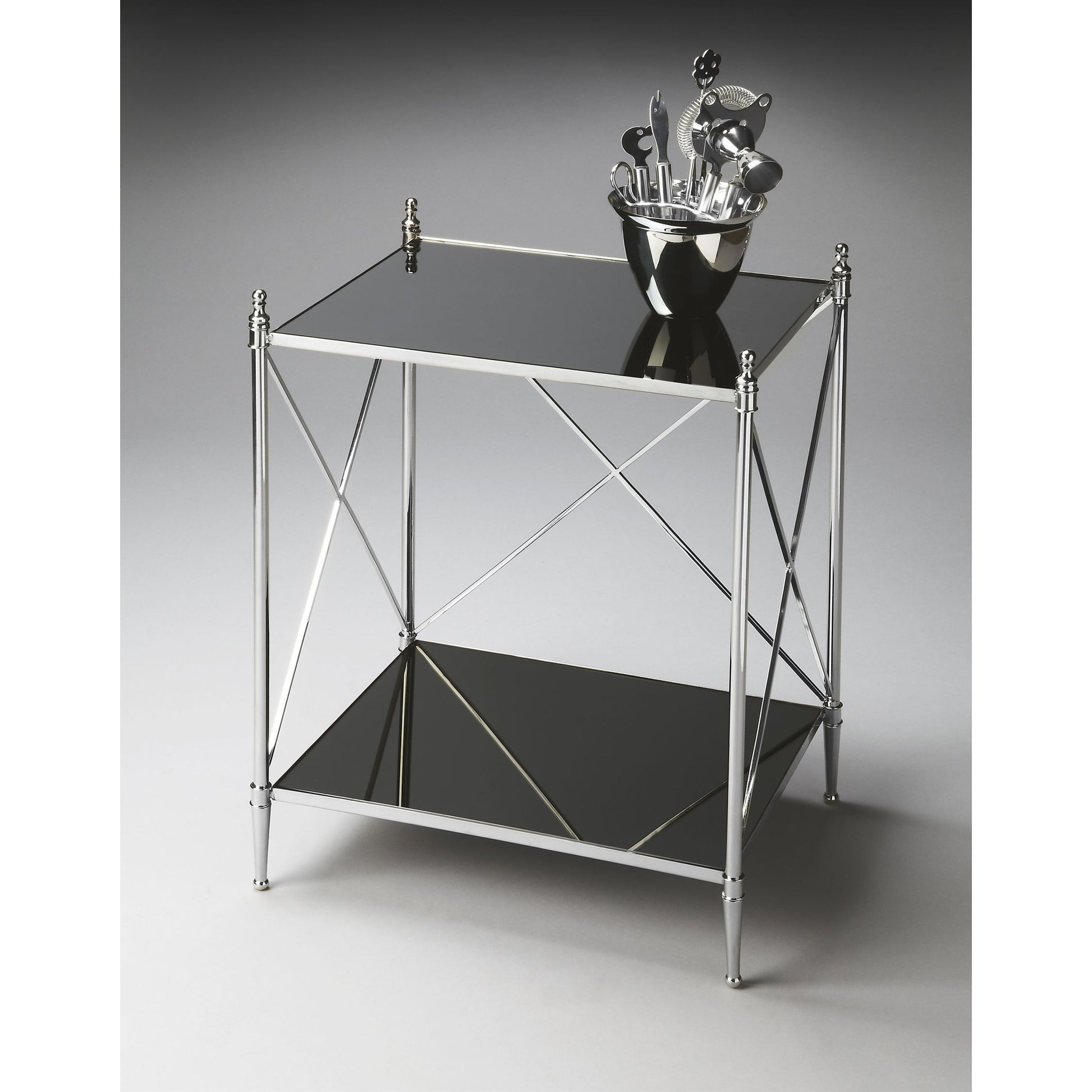 Deidre End Table by Butler Specialty Company in multi-color and nickel. Made from iron, glass, aluminum in a modern style.