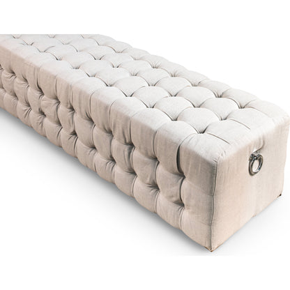 Tufted Bench by Sarreid Ltd. in beige and beige linen. Made from oak, linen in a cottage & farmhouse style.