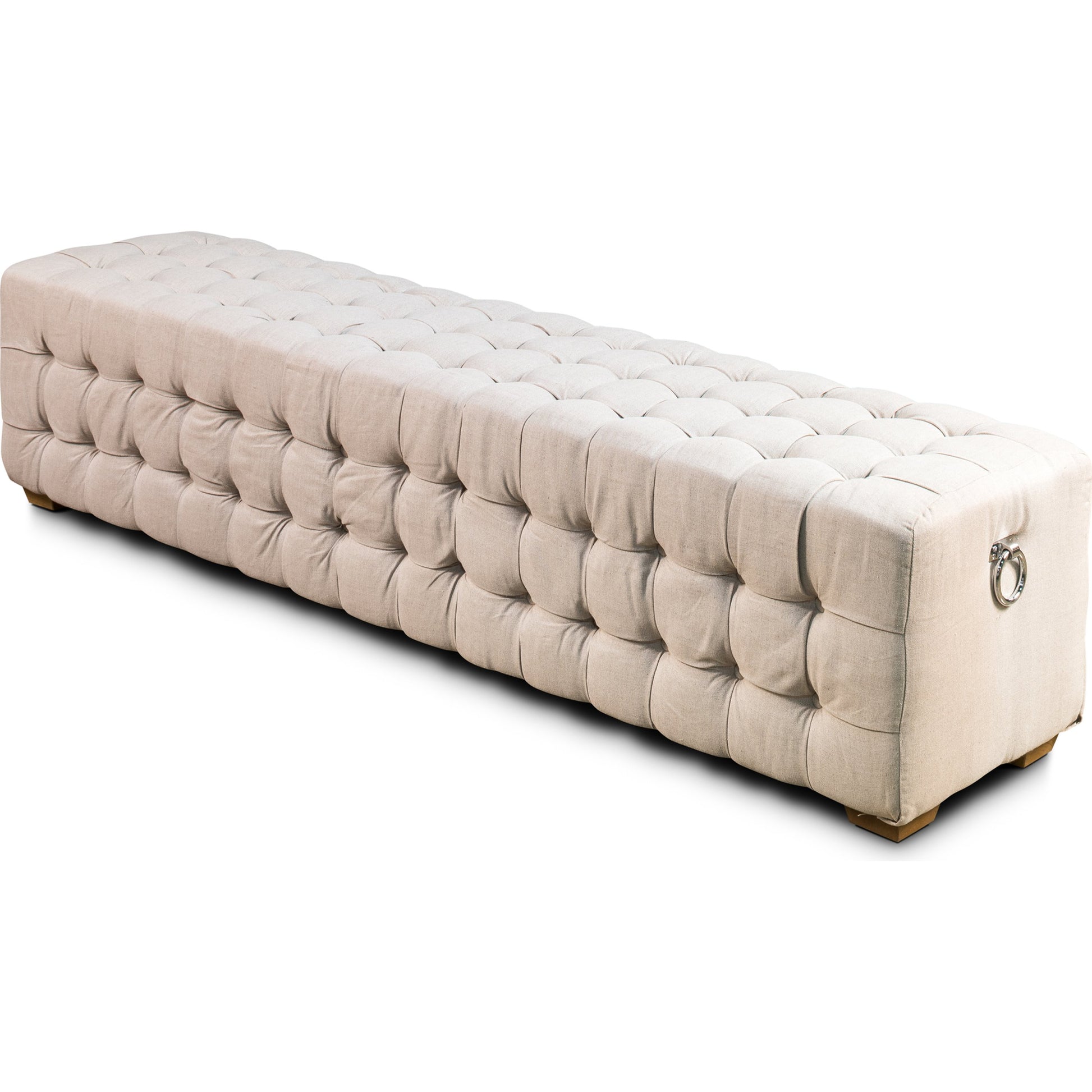 Tufted Bench by Sarreid Ltd. in beige and beige linen. Made from oak, linen in a cottage & farmhouse style.
