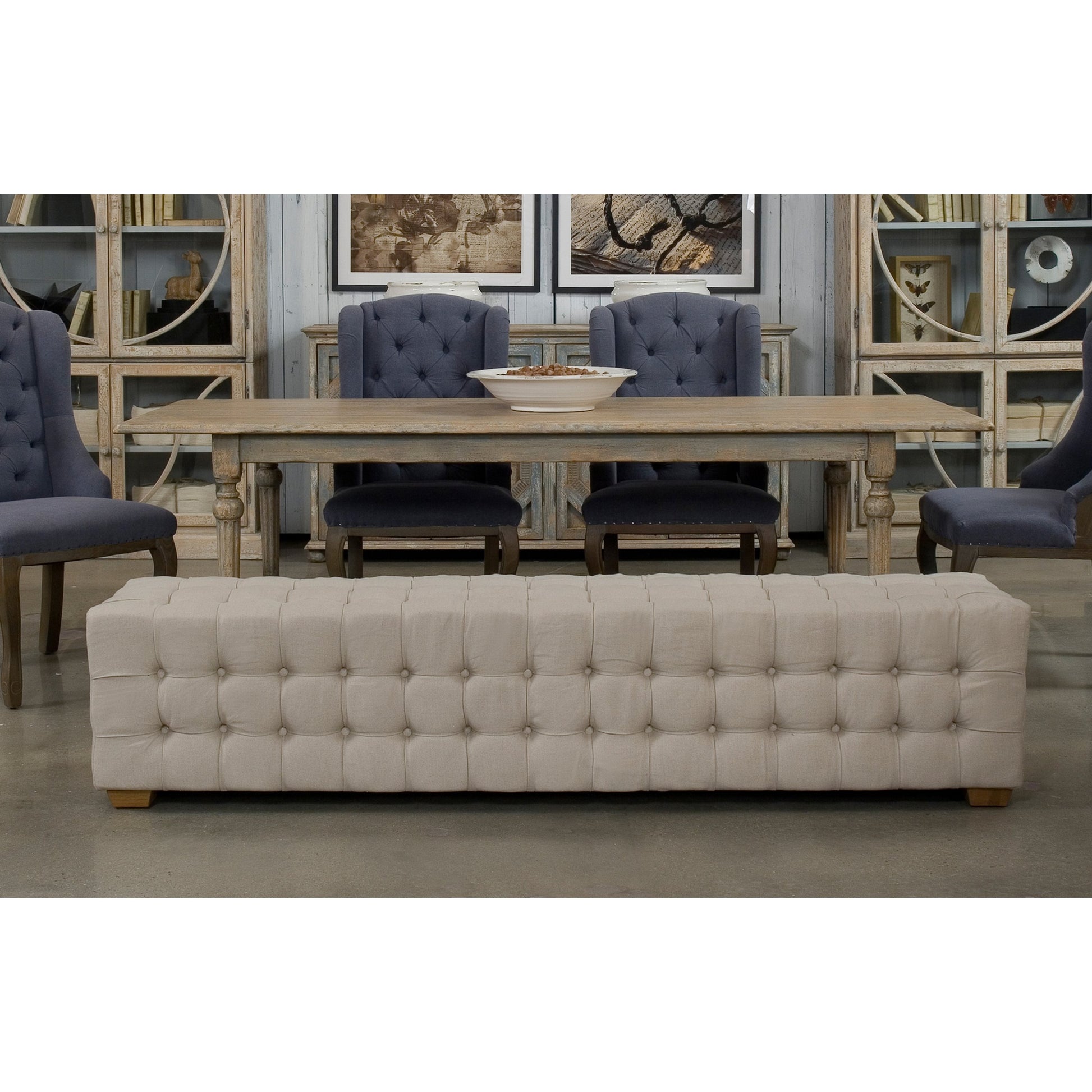 Tufted Bench by Sarreid Ltd. in beige and beige linen. Made from oak, linen in a cottage & farmhouse style.