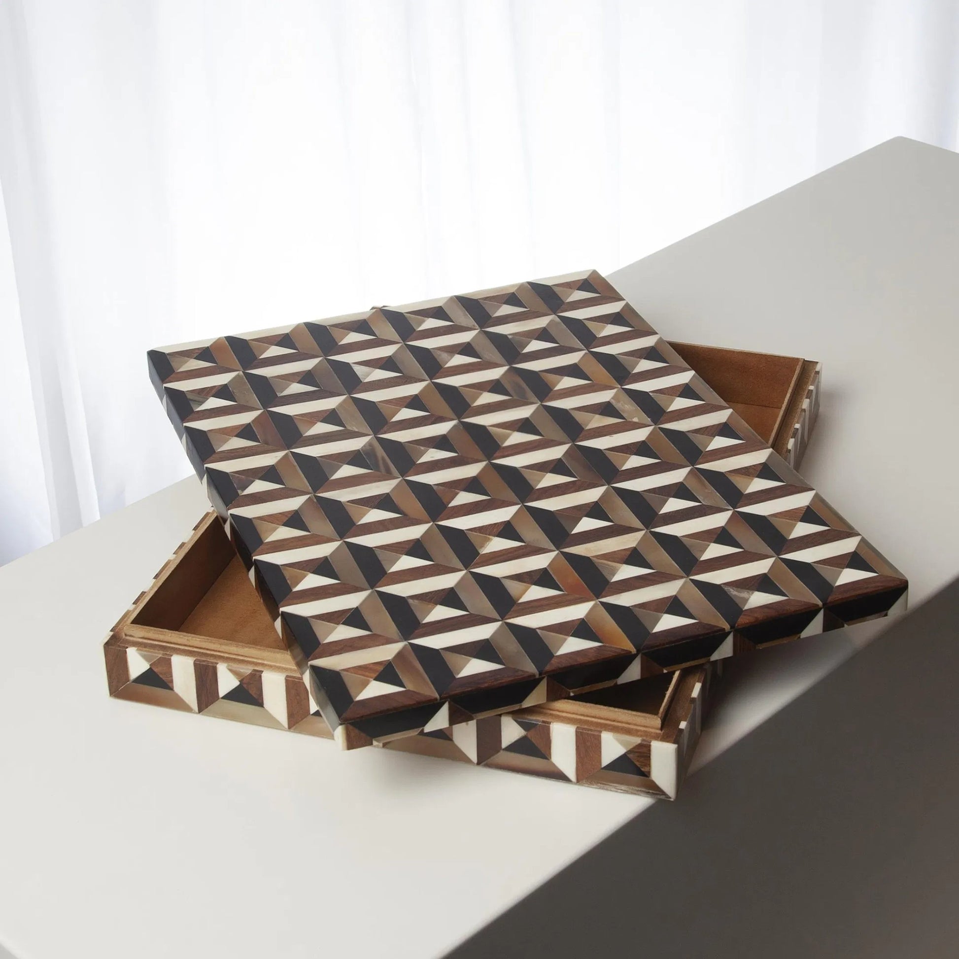 Triangle Marquetry Box by Global Views in natural. Made from mdf teak wood, bone, resin, teak in a unique style.