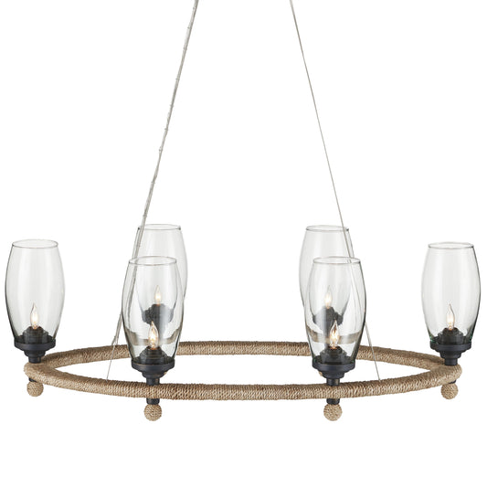 Hightider Glass Oval Chandelier by Currey and Company in natural, clear, french black. Made from wrought iron, abaca rope, recycled glass in a modern style.
