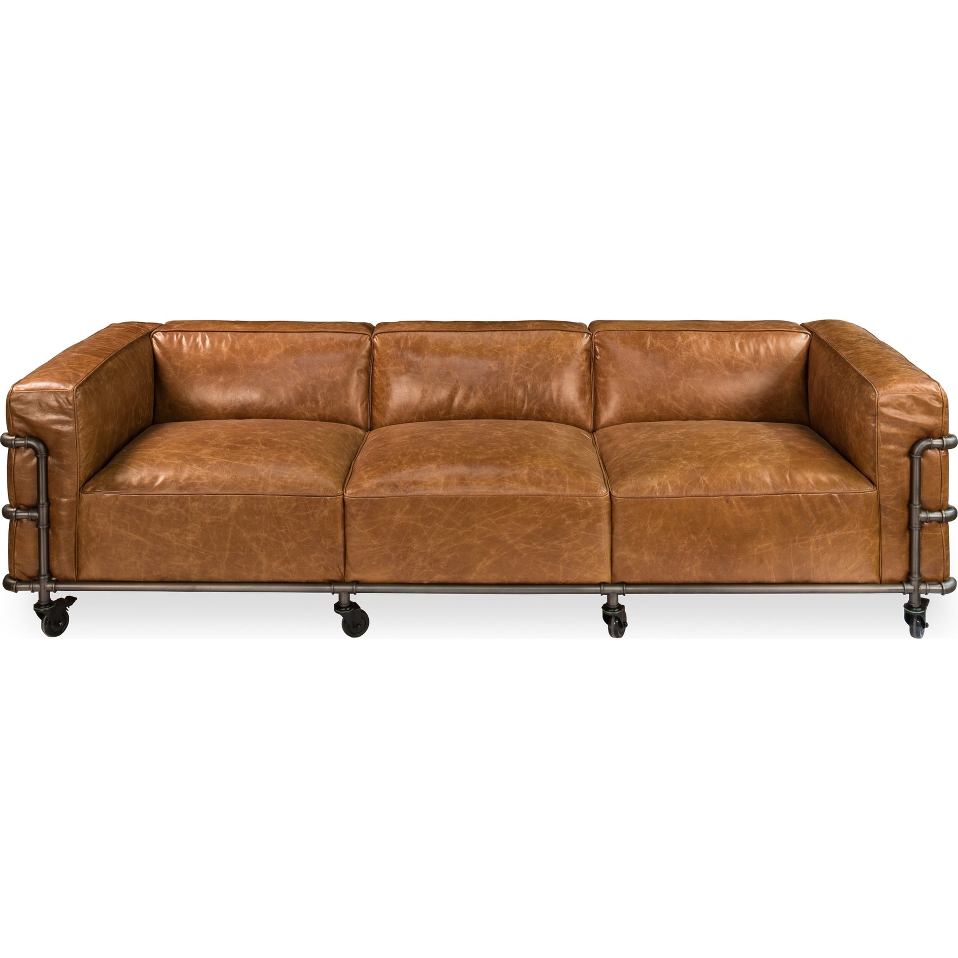 Antwerp Couch by Sarreid Ltd. in brown and cuba brown leather. Made from leather, iron in a modern style.