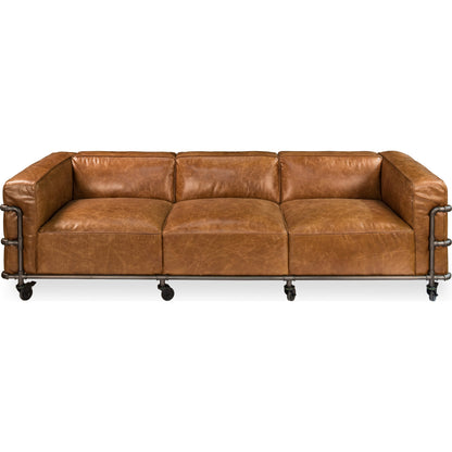 Antwerp Couch by Sarreid Ltd. in brown and cuba brown leather. Made from leather, iron in a modern style.