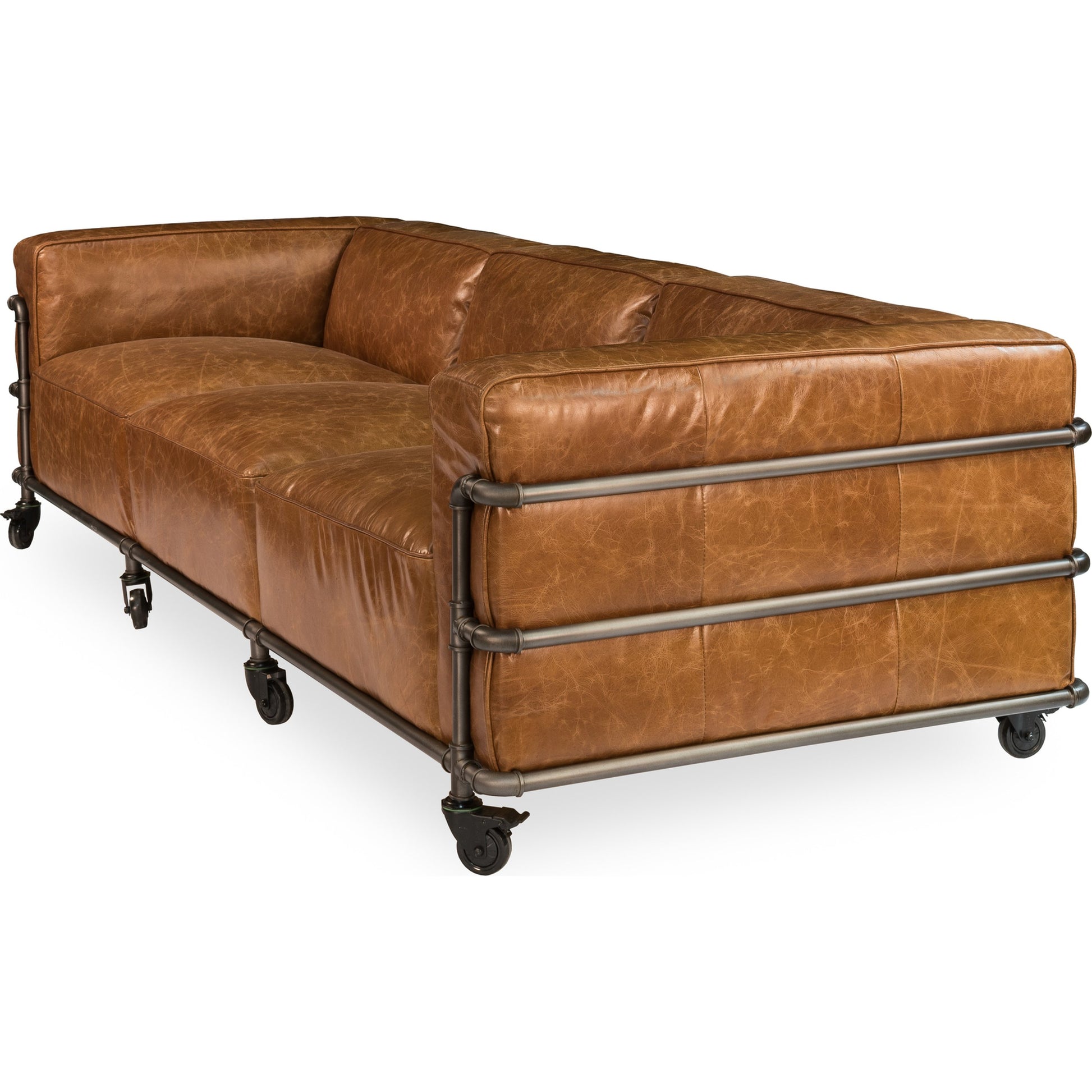 Antwerp Couch by Sarreid Ltd. in brown and cuba brown leather. Made from leather, iron in a modern style.