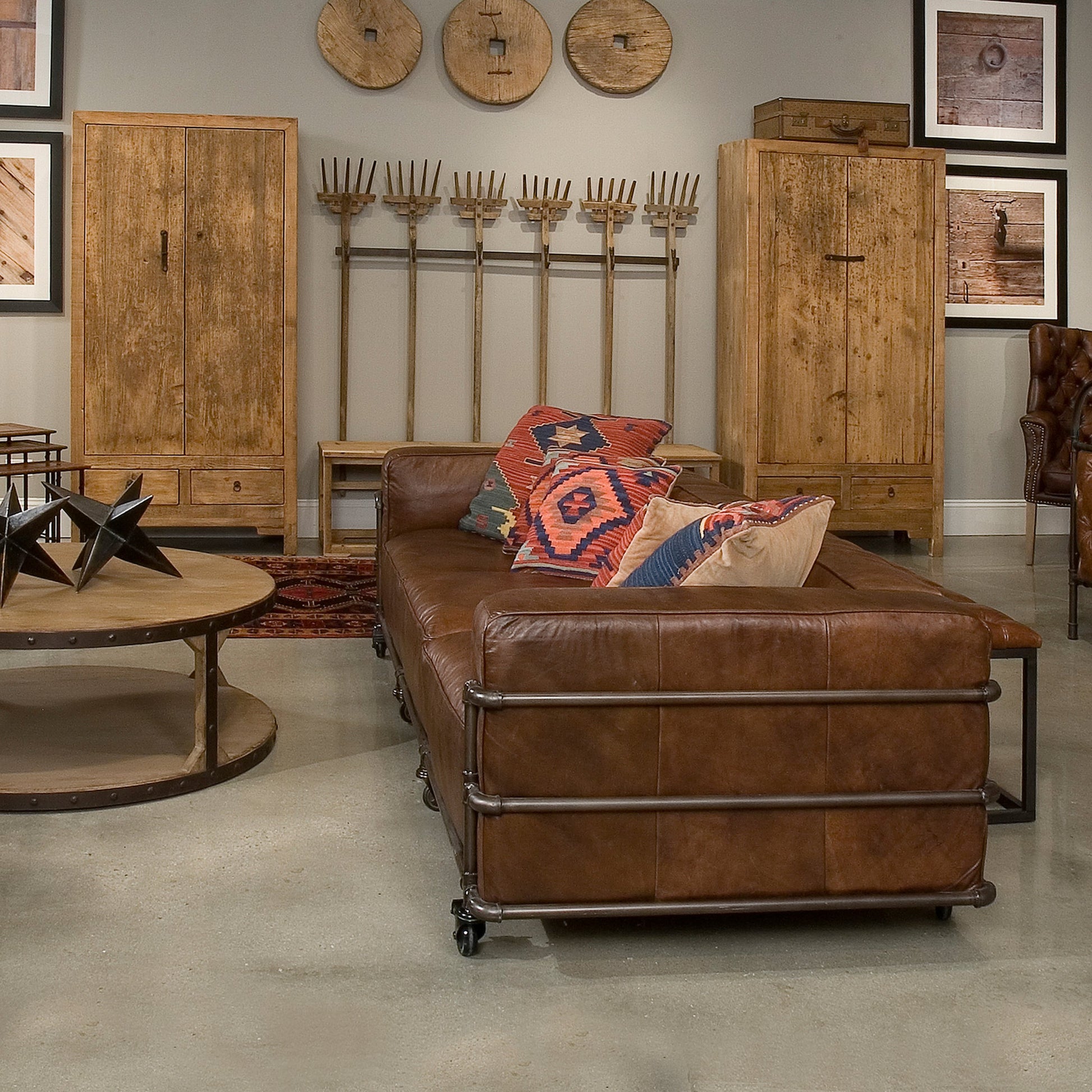 Antwerp Couch by Sarreid Ltd. in brown and cuba brown leather. Made from leather, iron in a modern style.