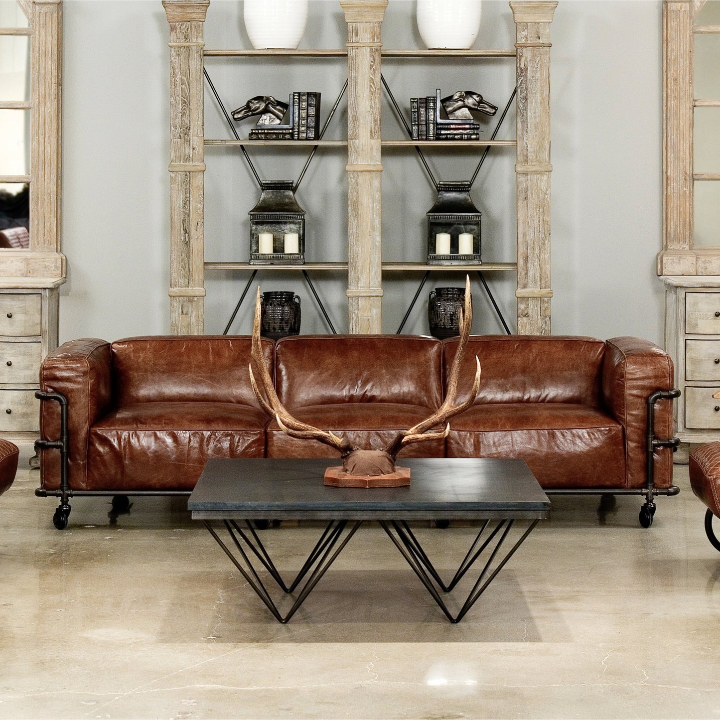 008 S-242864 | Lifestyle | Antwerp Couch by Sarreid Ltd. in brown and cuba brown leather. Made from leather, iron in a modern style.