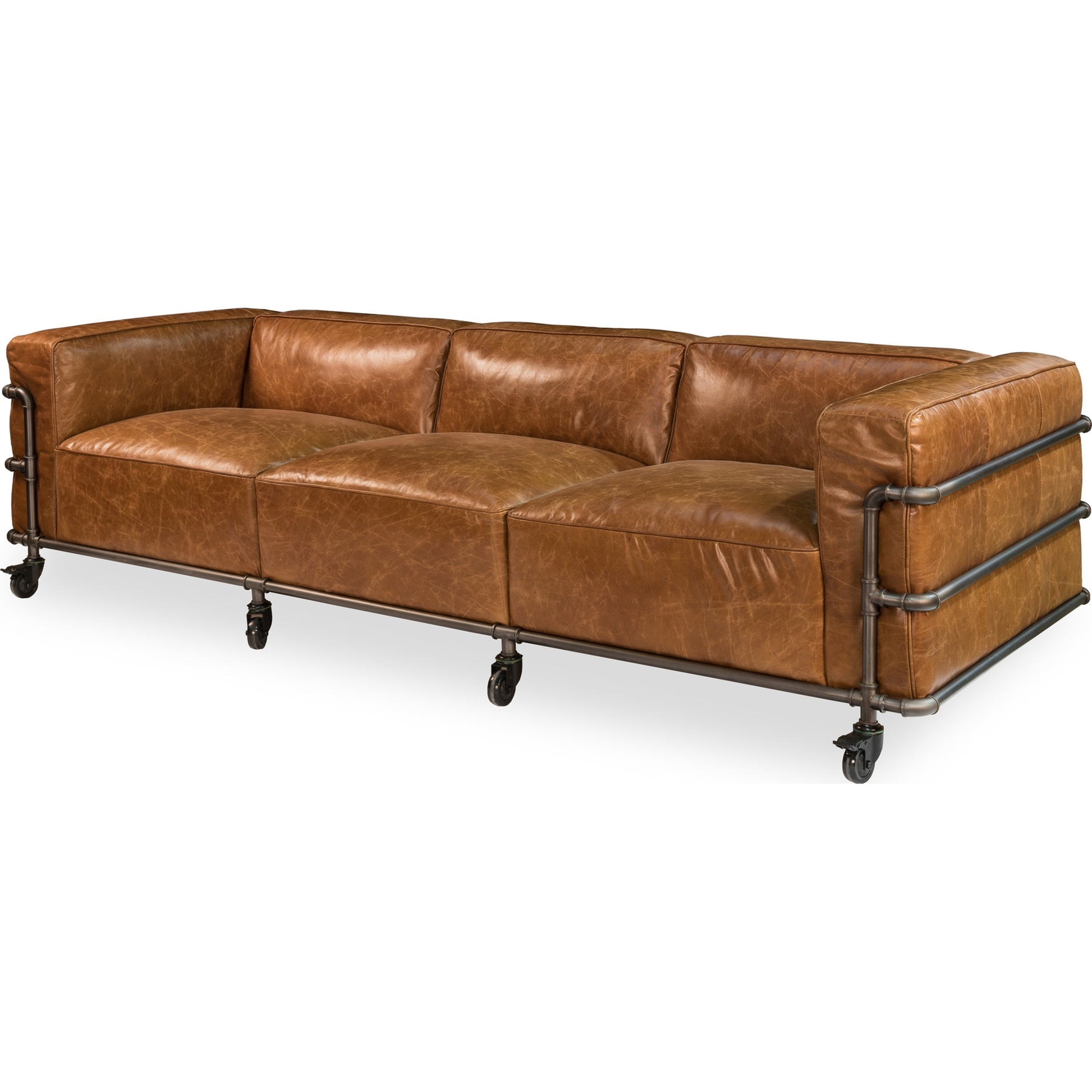Antwerp Couch by Sarreid Ltd. in brown and cuba brown leather. Made from leather, iron in a modern style.