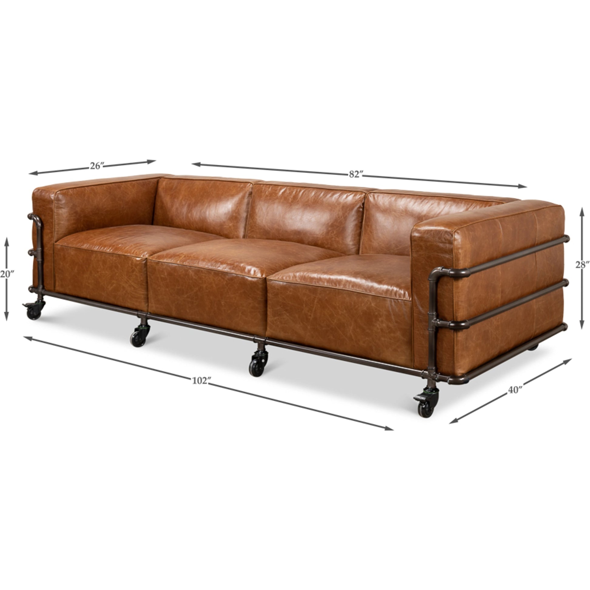 Antwerp Couch by Sarreid Ltd. in brown and cuba brown leather. Made from leather, iron in a modern style.