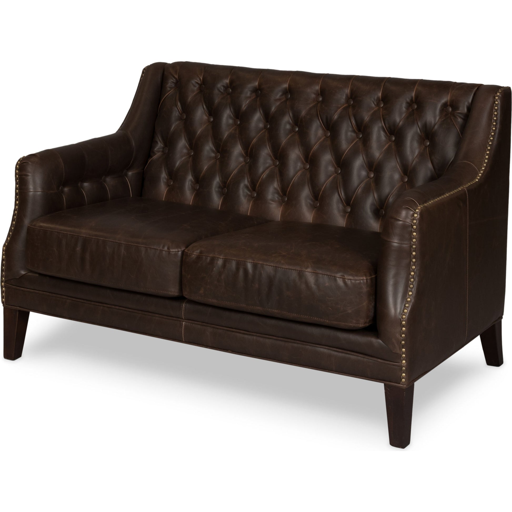 Brooks Sofa by Sarreid Ltd. in brown and chocolate faux leather. Made from birch, leather in a traditional style.