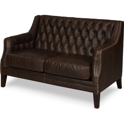Brooks Sofa by Sarreid Ltd. in brown and chocolate faux leather. Made from birch, leather in a traditional style.