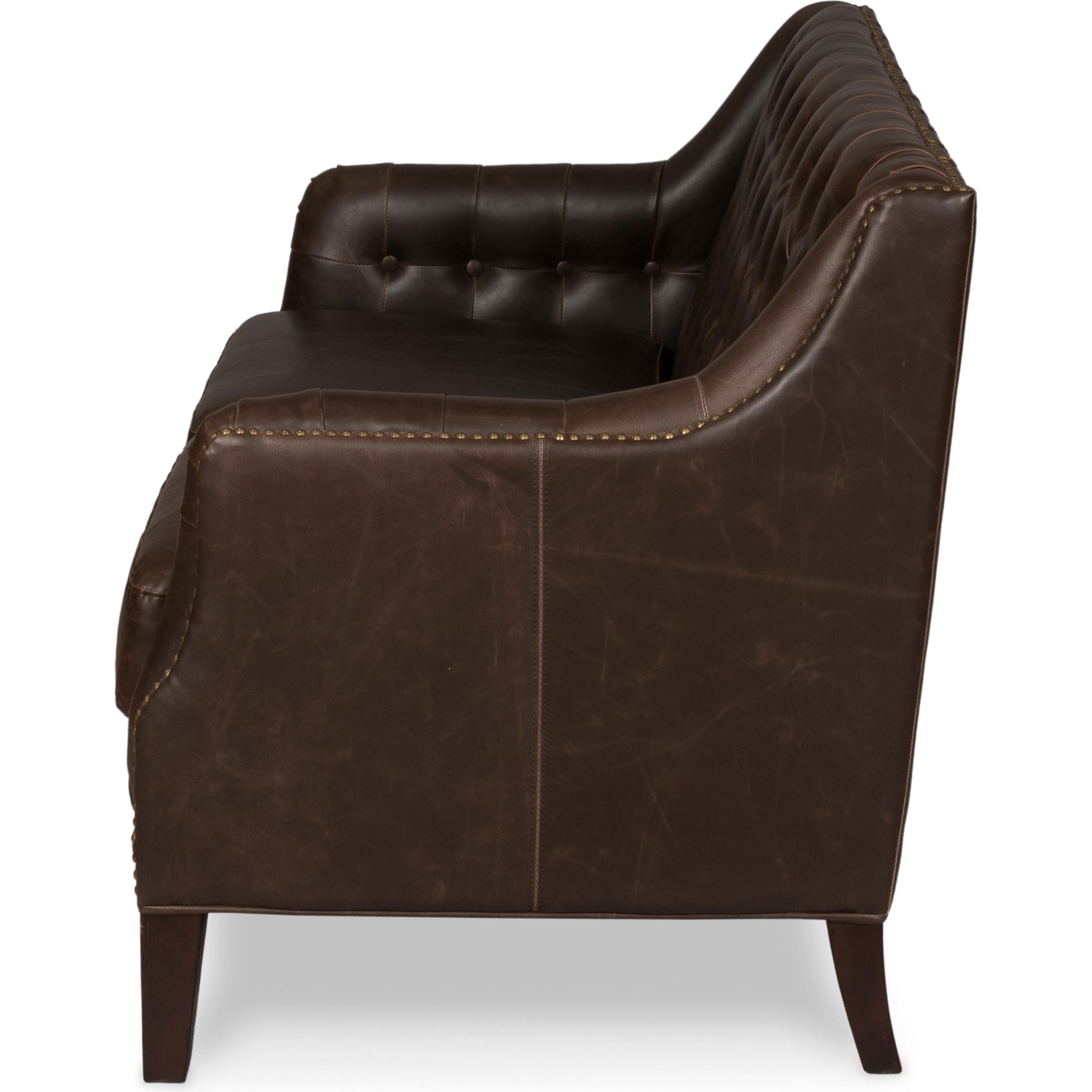 Brooks Sofa by Sarreid Ltd. in brown and chocolate faux leather. Made from birch, leather in a traditional style.