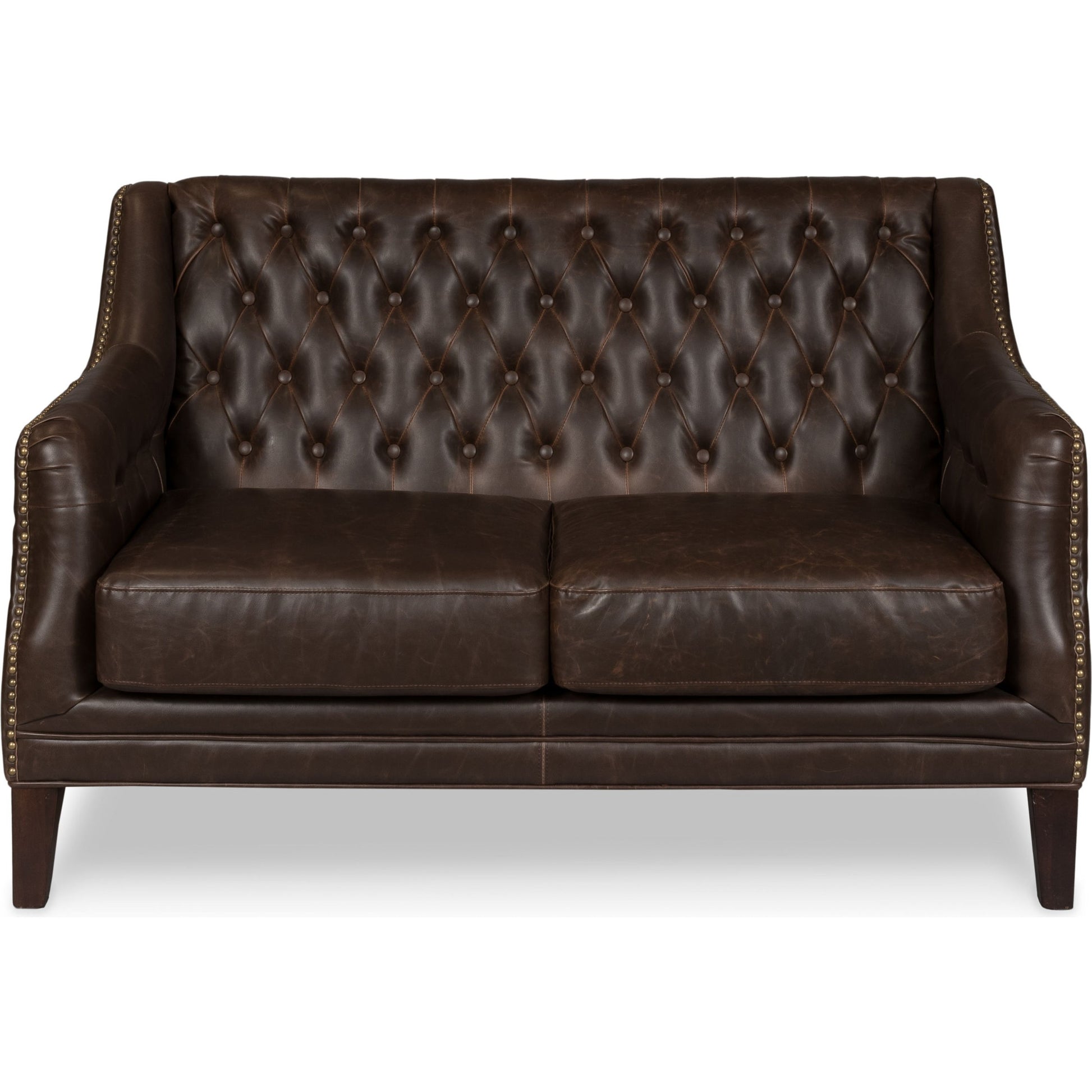 Brooks Sofa by Sarreid Ltd. in brown and chocolate faux leather. Made from birch, leather in a traditional style.