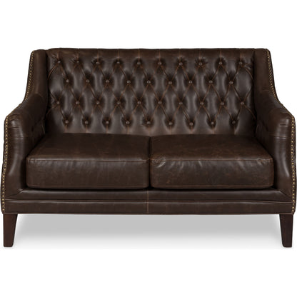 Brooks Sofa by Sarreid Ltd. in brown and chocolate faux leather. Made from birch, leather in a traditional style.