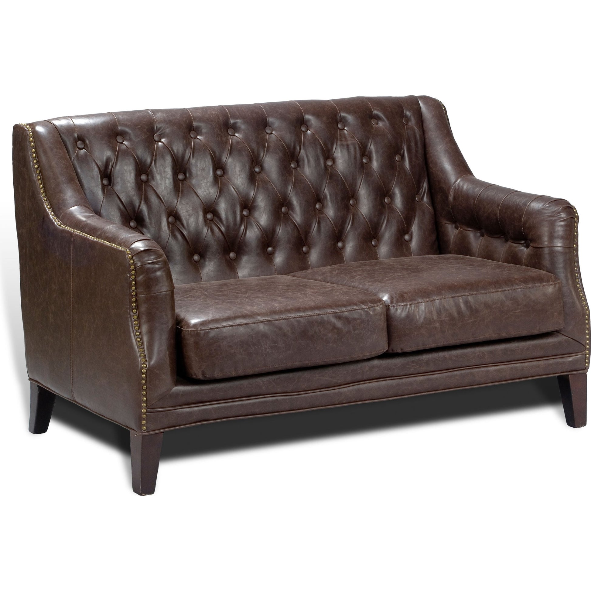 Brooks Sofa by Sarreid Ltd. in brown and chocolate faux leather. Made from birch, leather in a traditional style.