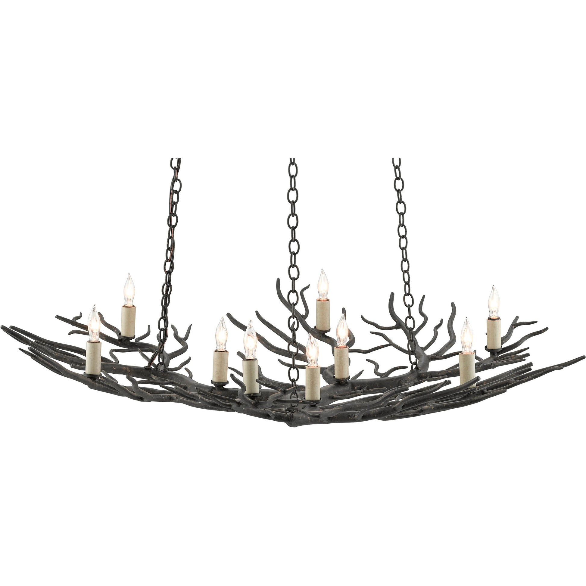Rainforest Chandelier by Currey and Company in rustic bronze. Made from unique in a rustic style.