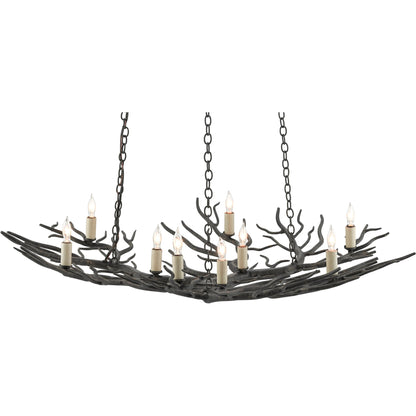 Rainforest Chandelier by Currey and Company in rustic bronze. Made from unique in a rustic style.