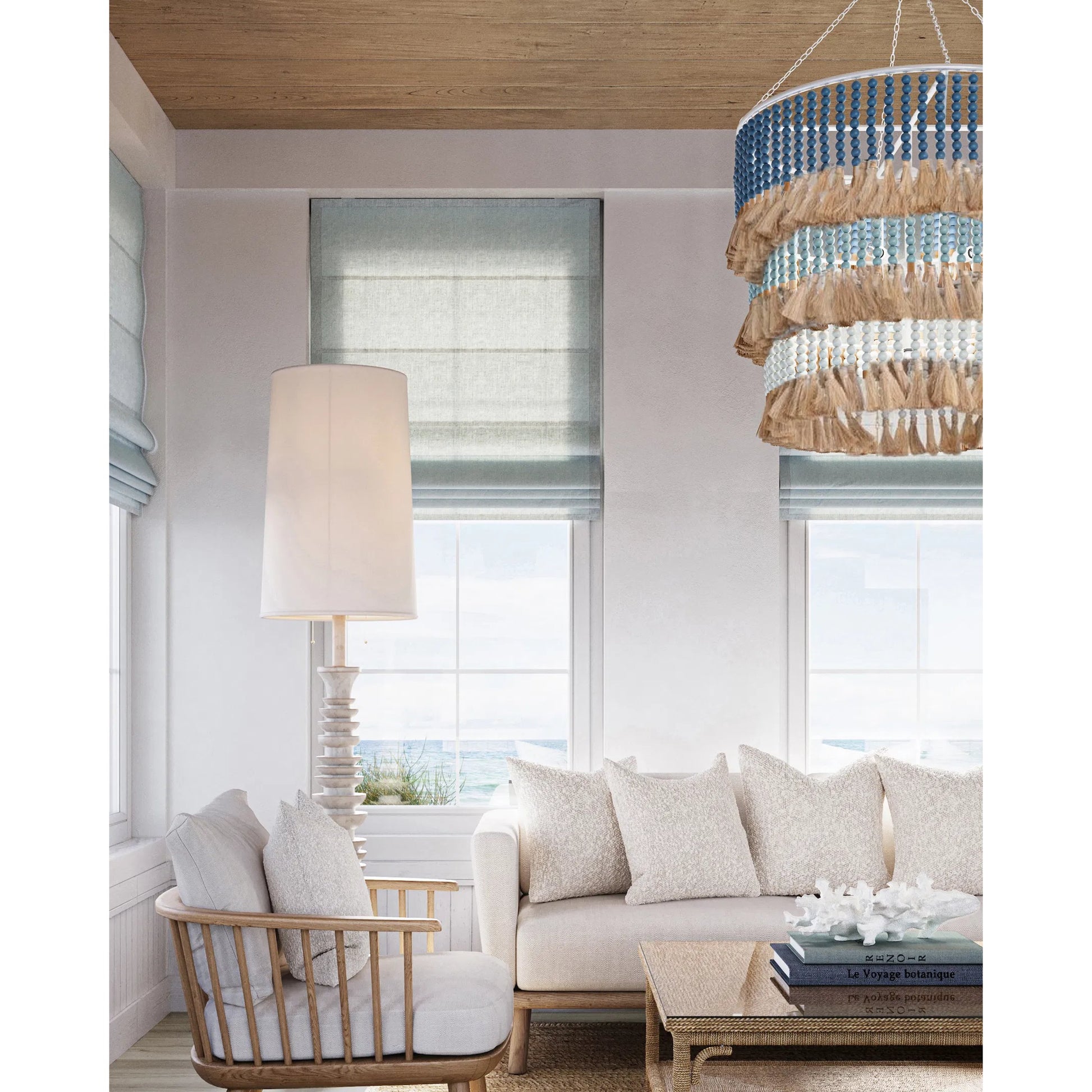St. Barts Chandelier by Currey and Company in mist blue, demin blue. Made from wrought iron, wood beads, abaca rope in a coastal style.