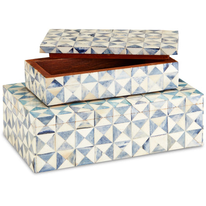 Sky Box Set by Currey and Company in blue, white. Made from bone, wood in a unique style.