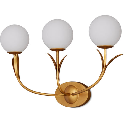 Rossville Triple-Light Wall Sconce by Currey and Company in contemporary gold leaf, sugar white, frosted white. Made from wrought iron, glass in a modern style.