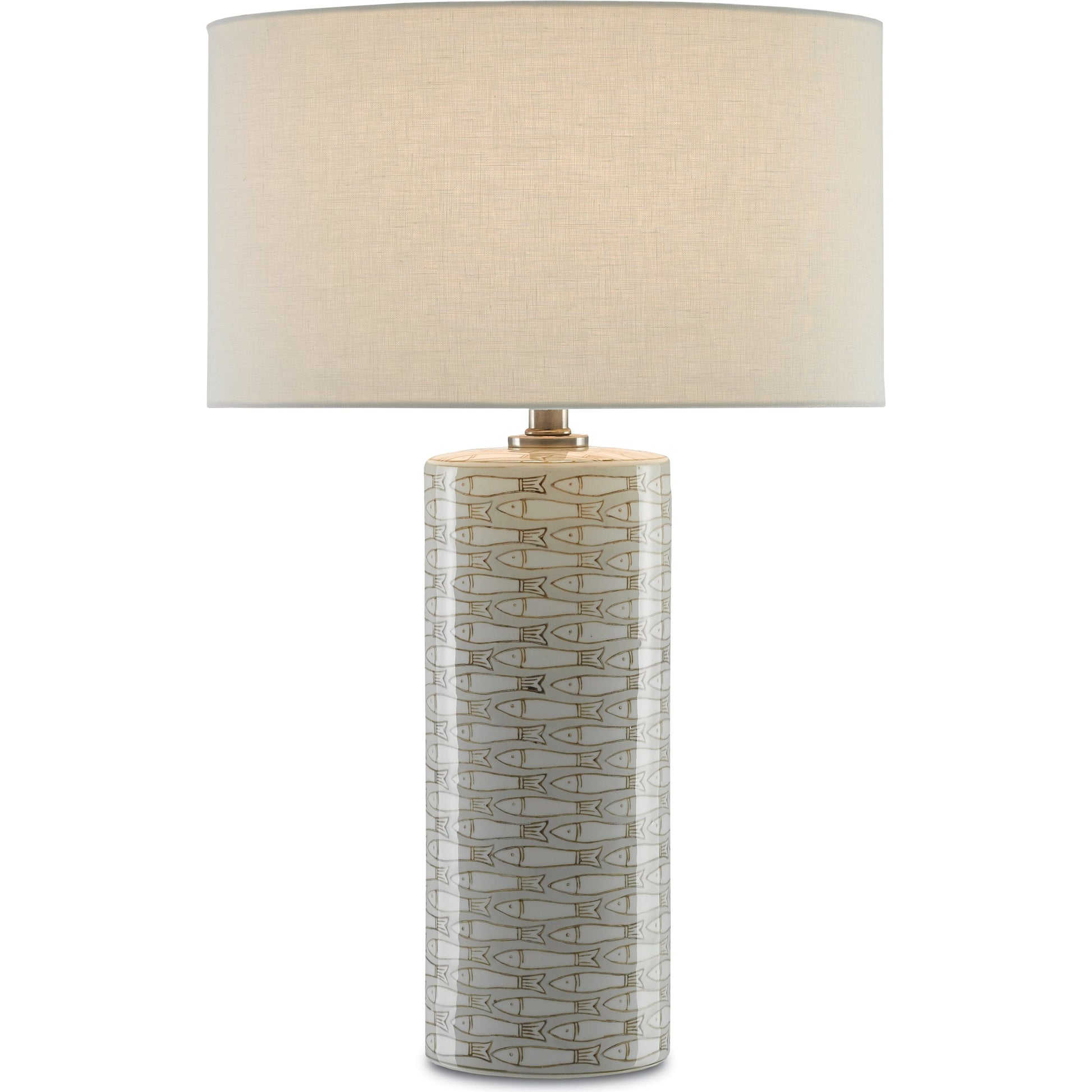 Fisch Table Lamp by Currey and Company in gray, white, antique nickel. Made from porcelain in a coastal style.