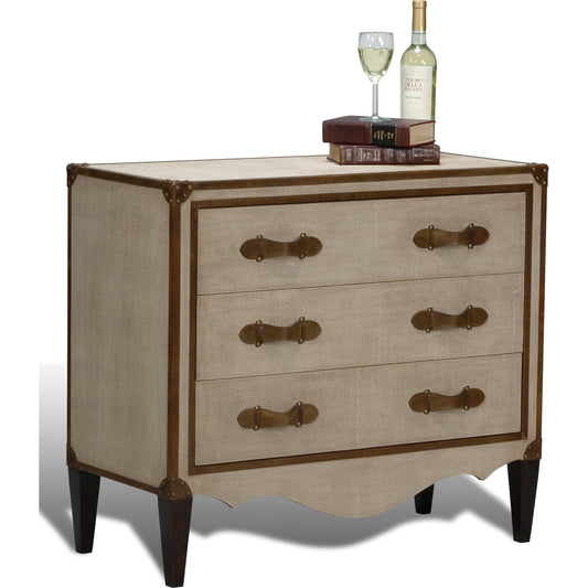 French Art Deco Commode by Sarreid Ltd. in beige, brown and natural finish. Made from wood, canvas, brass in a traditional style.