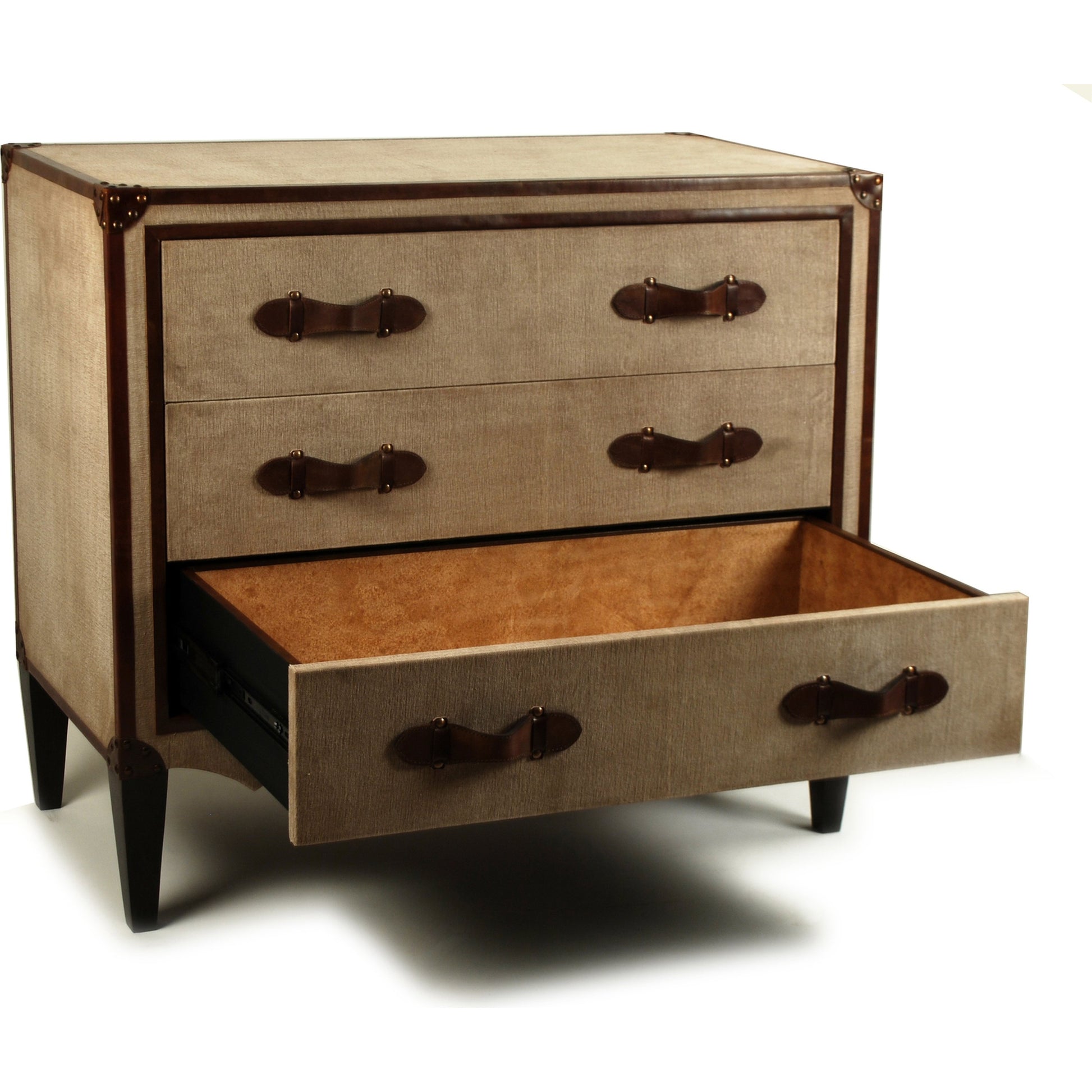 French Art Deco Commode by Sarreid Ltd. in beige, brown and natural finish. Made from wood, canvas, brass in a traditional style.
