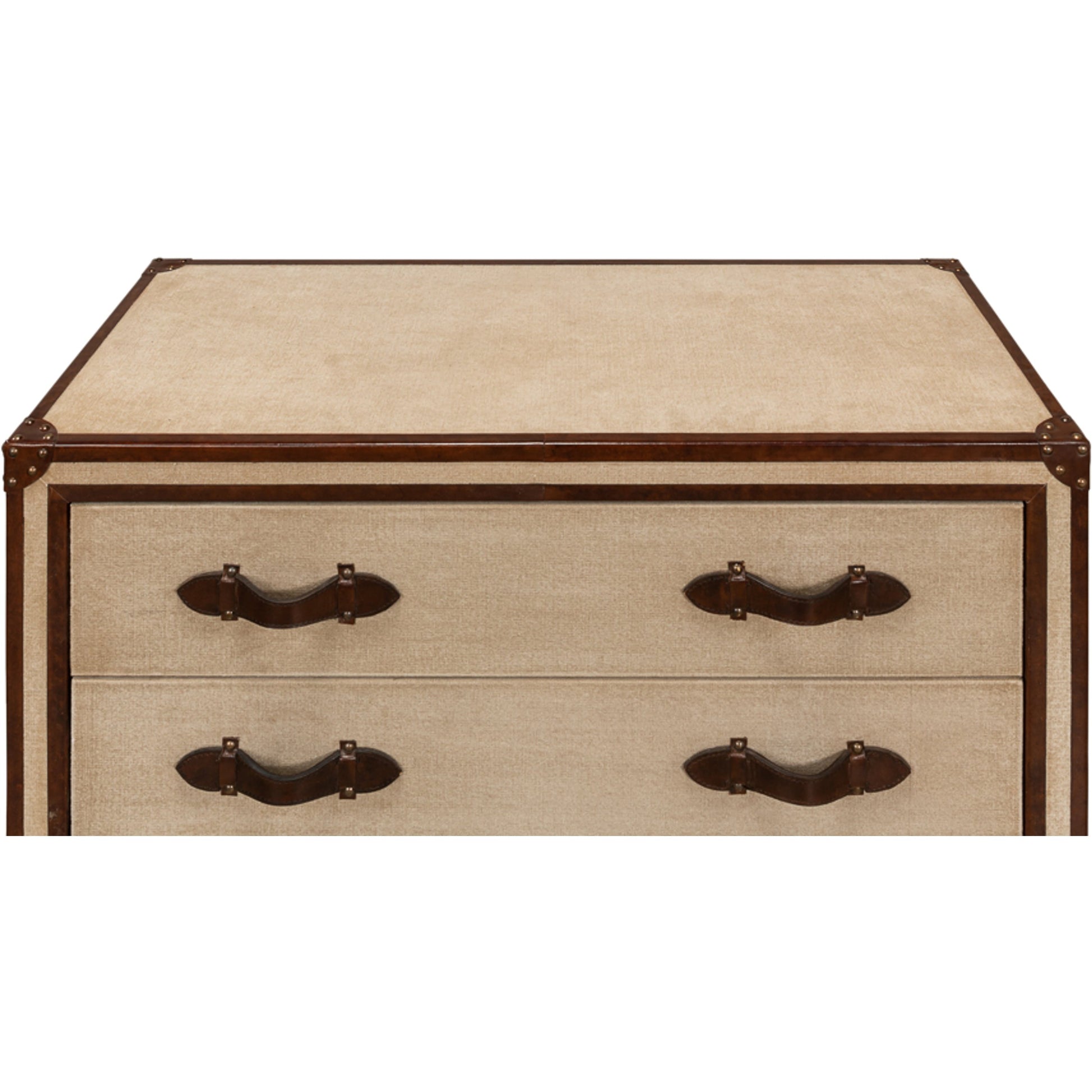 French Art Deco Commode by Sarreid Ltd. in beige, brown and natural finish. Made from wood, canvas, brass in a traditional style.