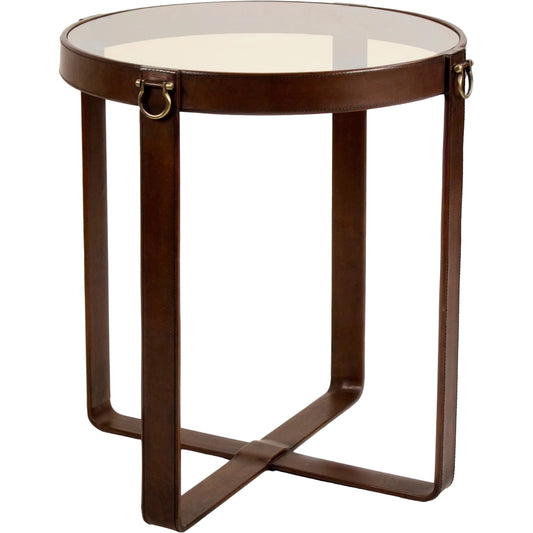 Leather Harness Table by Sarreid Ltd. in brown and antique brown leather. Made from leather, glass, iron in a rustic style.