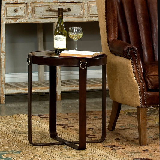 Leather Harness Table by Sarreid Ltd. in brown and antique brown leather. Made from leather, glass, iron in a rustic style.