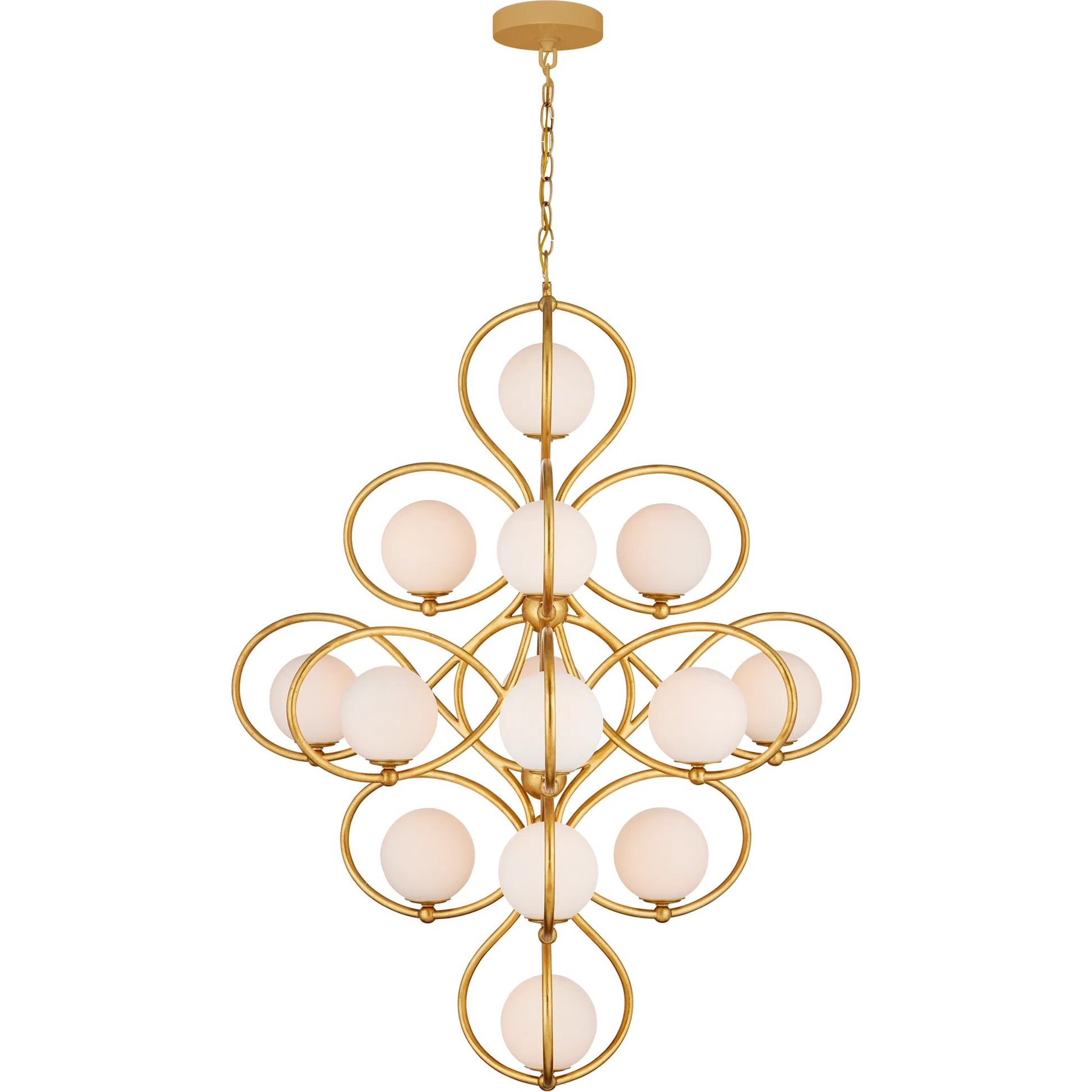 Storrs Chandelier by Currey and Company in contemporary gold leaf, contemporary gold, white. Made from wrought iron, glass in a modern style.
