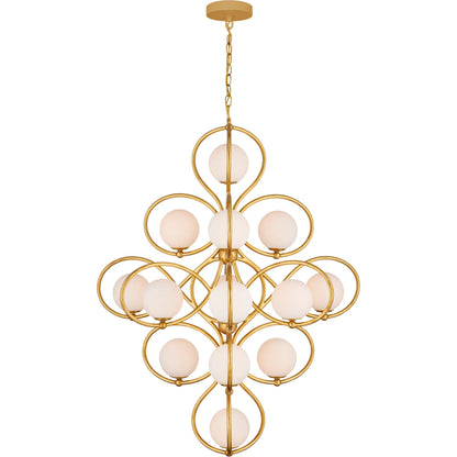 Storrs Chandelier by Currey and Company in contemporary gold leaf, contemporary gold, white. Made from wrought iron, glass in a modern style.
