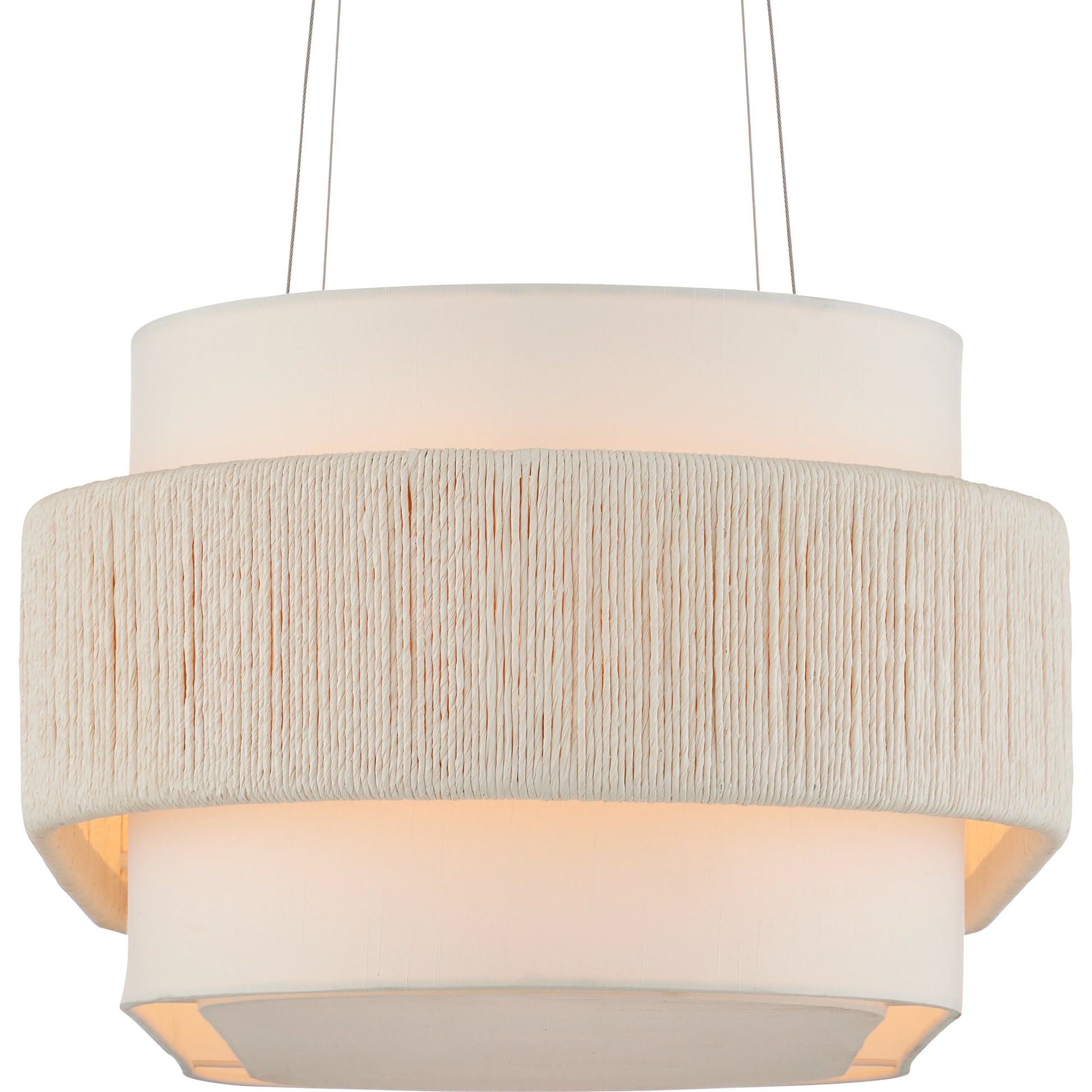 Monreale Oval Chandelier by Currey and Company in white, sugar white. Made from kraft paper twine, wrought iron in a coastal style.