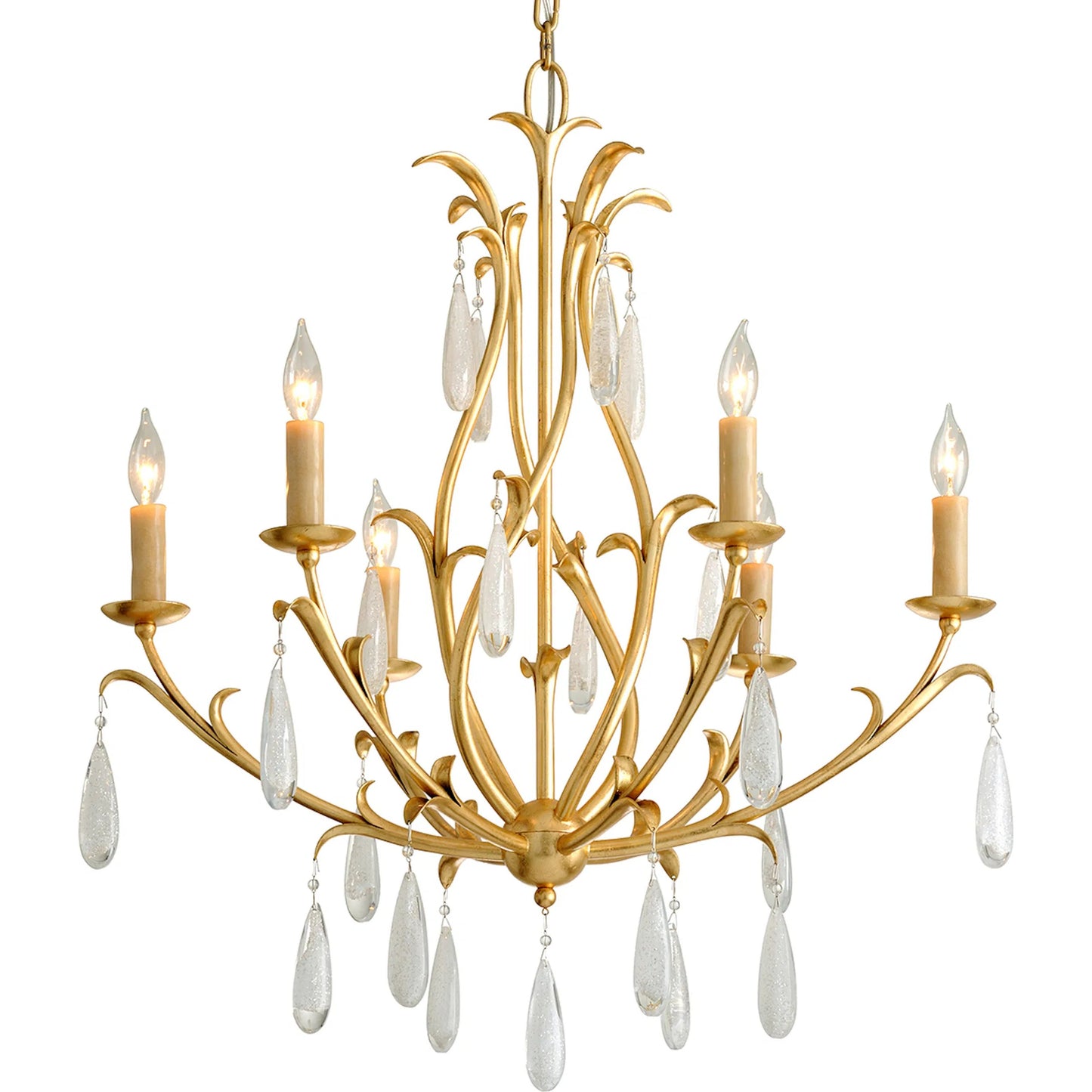 001 SI-2072900 | Primary Silo | Prosecco 6 Light Chandelier by Corbett in gold leaf. Made from hand crafted iron in a transitional style.