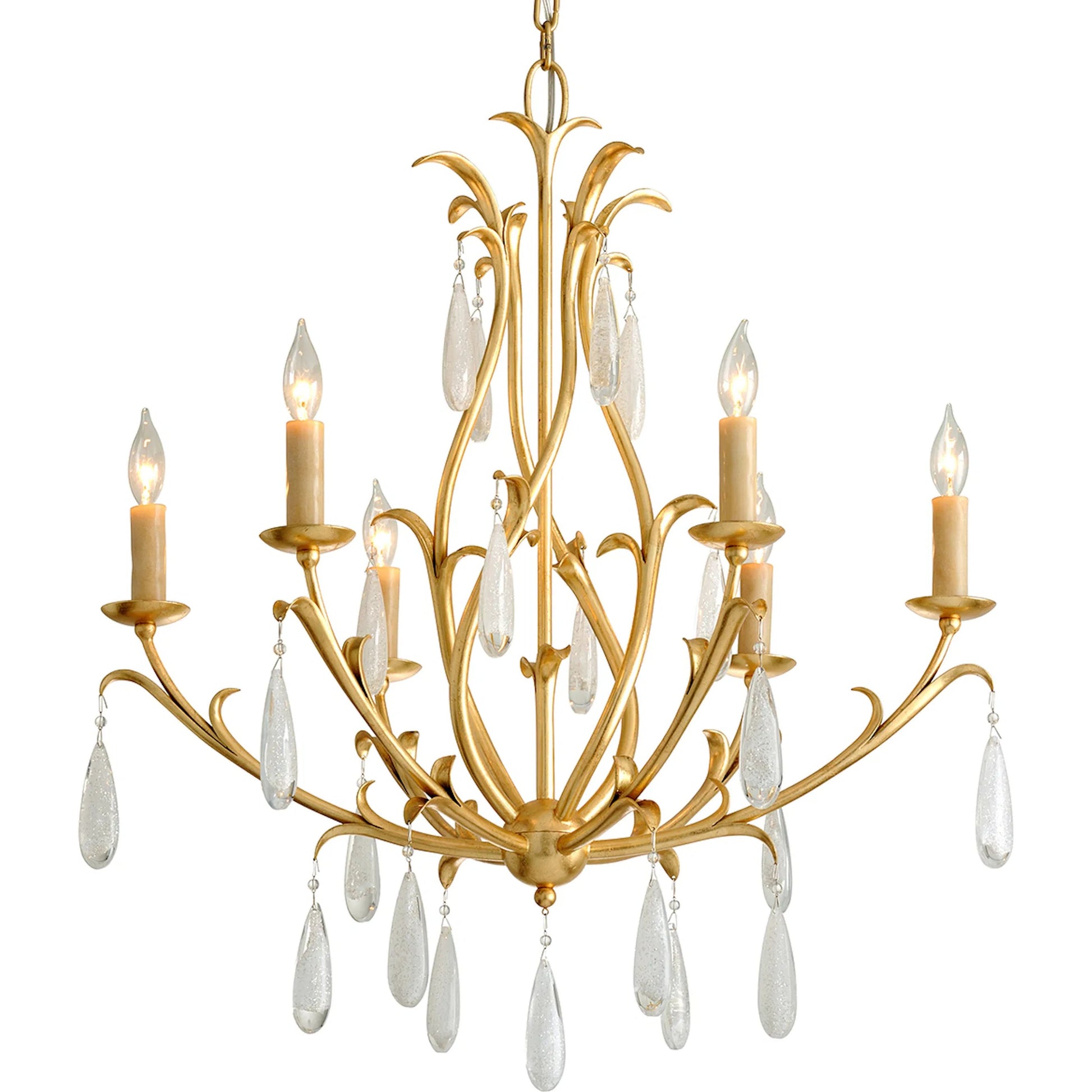 Prosecco 6 Light Chandelier by Corbett in gold leaf. Made from hand crafted iron in a transitional style.