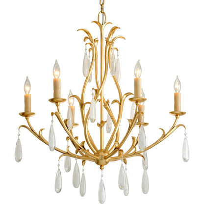 Prosecco 6 Light Chandelier by Corbett in gold leaf. Made from hand crafted iron in a transitional style.