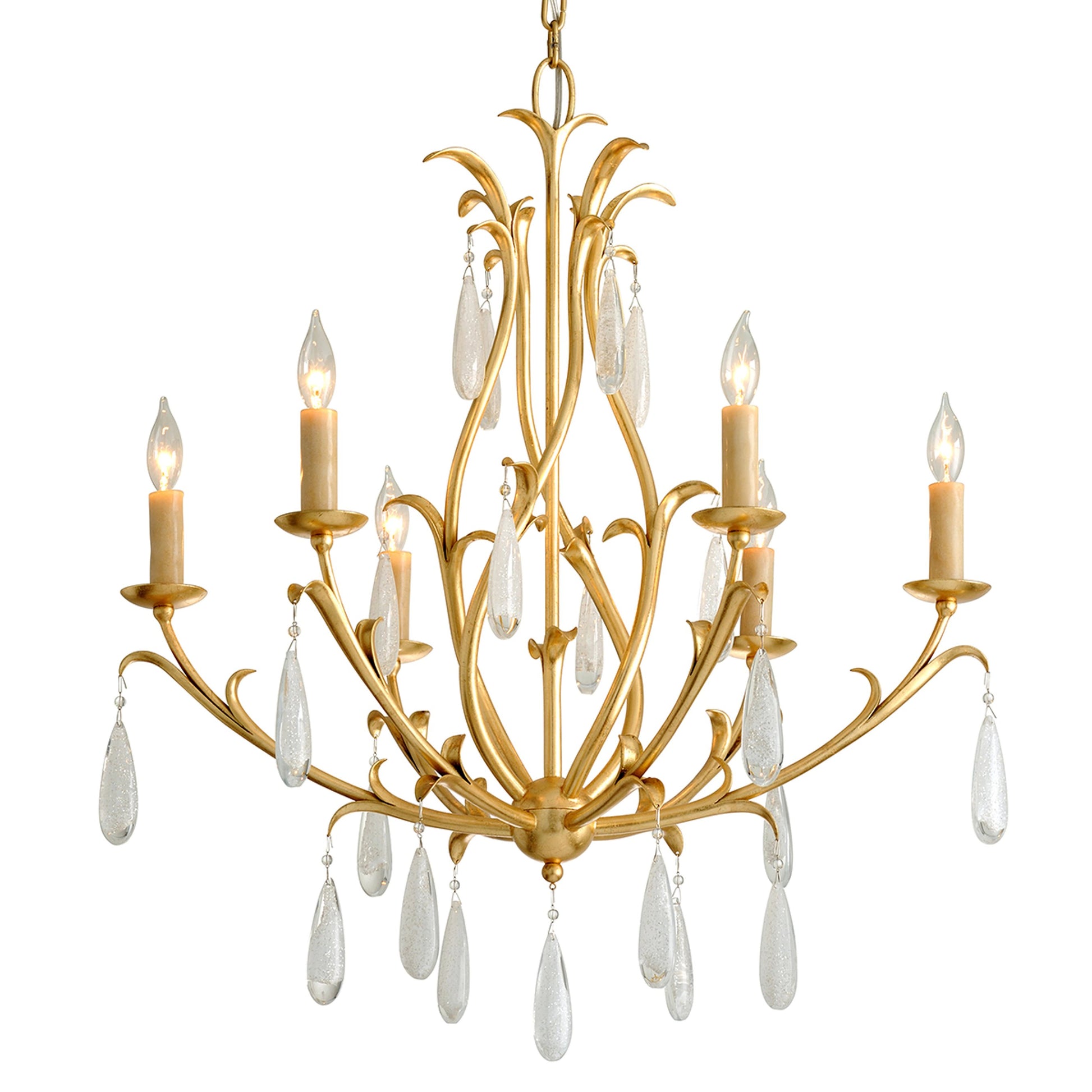 Prosecco 6 Light Chandelier by Corbett in gold leaf. Made from hand crafted iron in a transitional style.