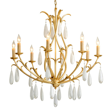 Prosecco 8 Light Chandelier by Corbett in gold leaf. Made from hand crafted iron in a transitional style.